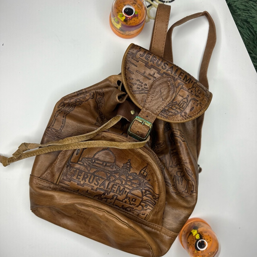 Embossed Leather Backpack With Jerusalem Design - image 4